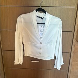 Zara Women's Cream Satin Blouse with Gold Buttons